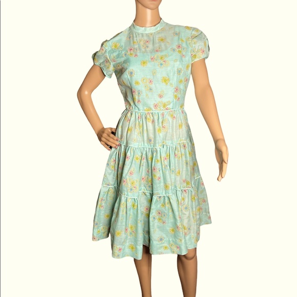 Vintage 1950's Flocked Aqua Fit & Flare A-Line Floral Dress 50s 50's 1950s